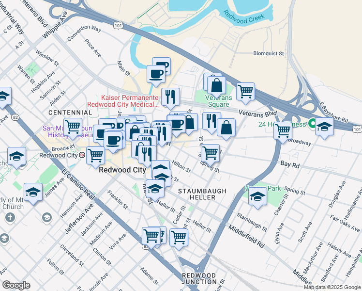 map of restaurants, bars, coffee shops, grocery stores, and more near 1775 Broadway in Redwood City