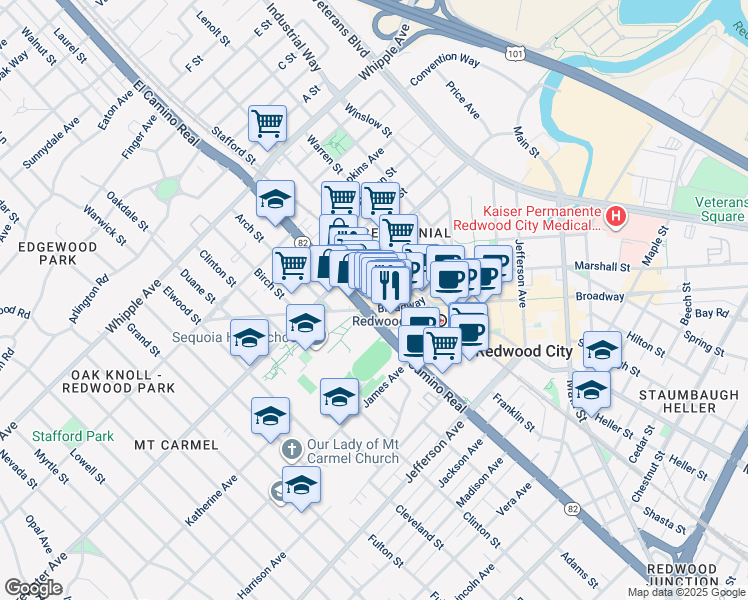 map of restaurants, bars, coffee shops, grocery stores, and more near 757 California 82 in Redwood City