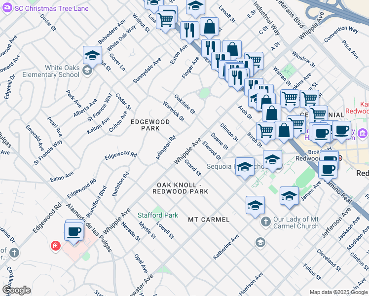 map of restaurants, bars, coffee shops, grocery stores, and more near 1616 Whipple Avenue in Redwood City