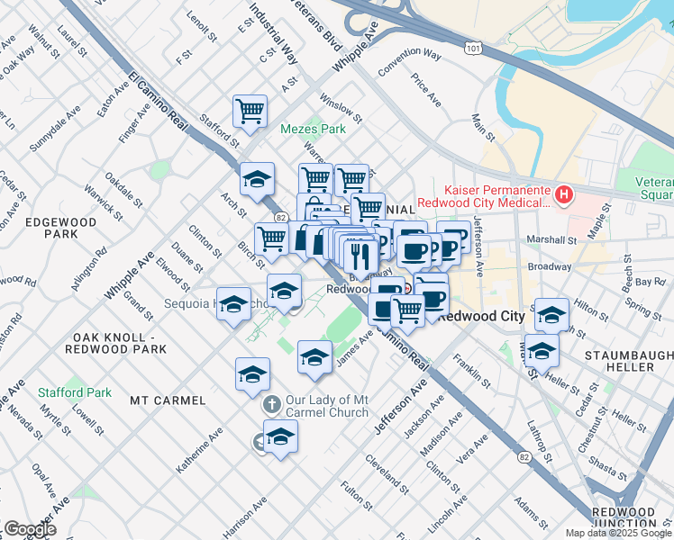 map of restaurants, bars, coffee shops, grocery stores, and more near 757 California 82 in Redwood City