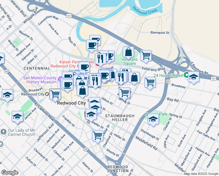 map of restaurants, bars, coffee shops, grocery stores, and more near 1775 Broadway in Redwood City