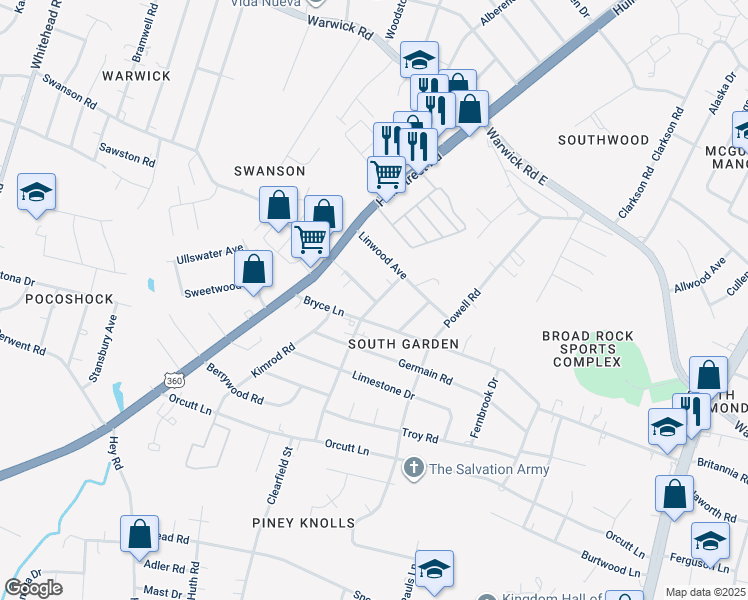map of restaurants, bars, coffee shops, grocery stores, and more near 5538 Chesterfield Drive in Richmond