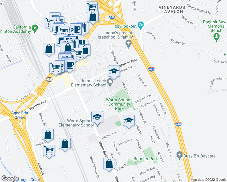 map of restaurants, bars, coffee shops, grocery stores, and more near 47129 Benns Terrace in Fremont