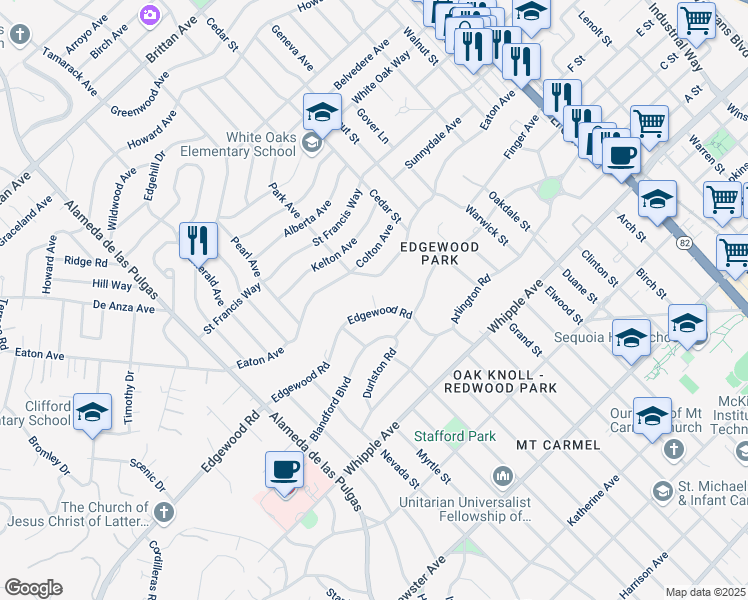 map of restaurants, bars, coffee shops, grocery stores, and more near 848 Edgewood Road in Redwood City