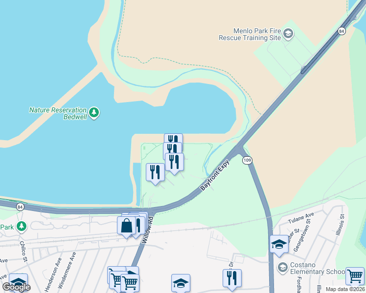 map of restaurants, bars, coffee shops, grocery stores, and more near 1 Hacker Way in Menlo Park