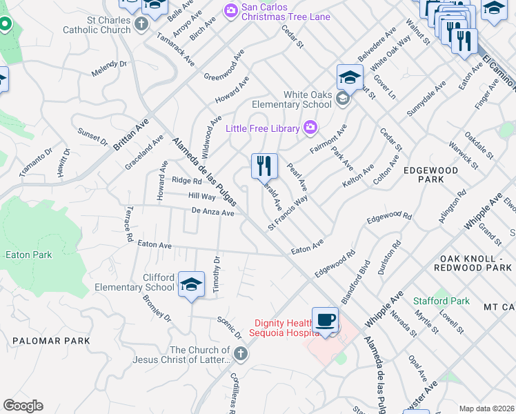 map of restaurants, bars, coffee shops, grocery stores, and more near 136 Garnet Avenue in San Carlos