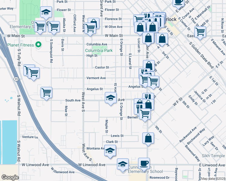 map of restaurants, bars, coffee shops, grocery stores, and more near 500 Angelus Street in Turlock