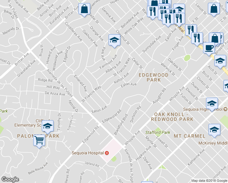 map of restaurants, bars, coffee shops, grocery stores, and more near Eaton Avenue in San Carlos