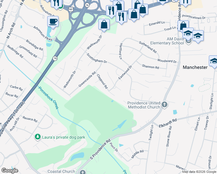 map of restaurants, bars, coffee shops, grocery stores, and more near 8606 Claypool Road in Richmond