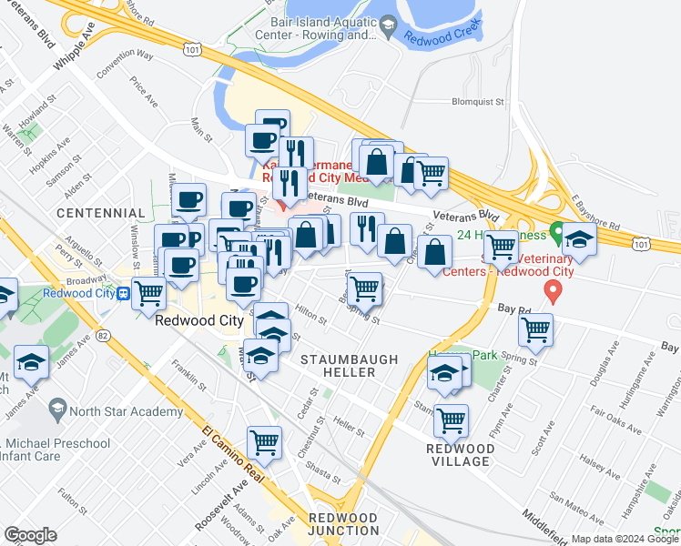 map of restaurants, bars, coffee shops, grocery stores, and more near 1707 Broadway Street in Redwood City