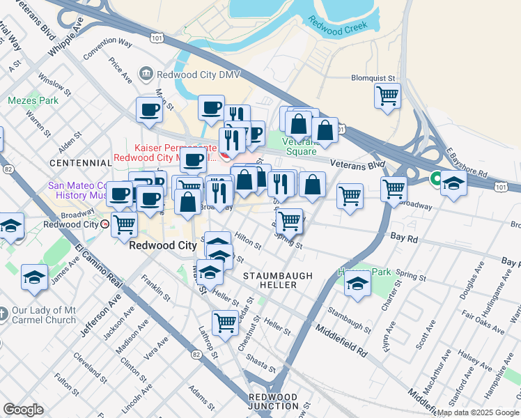 map of restaurants, bars, coffee shops, grocery stores, and more near 1735 Broadway in Redwood City
