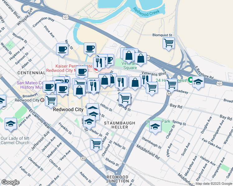 map of restaurants, bars, coffee shops, grocery stores, and more near 1707 Broadway in Redwood City