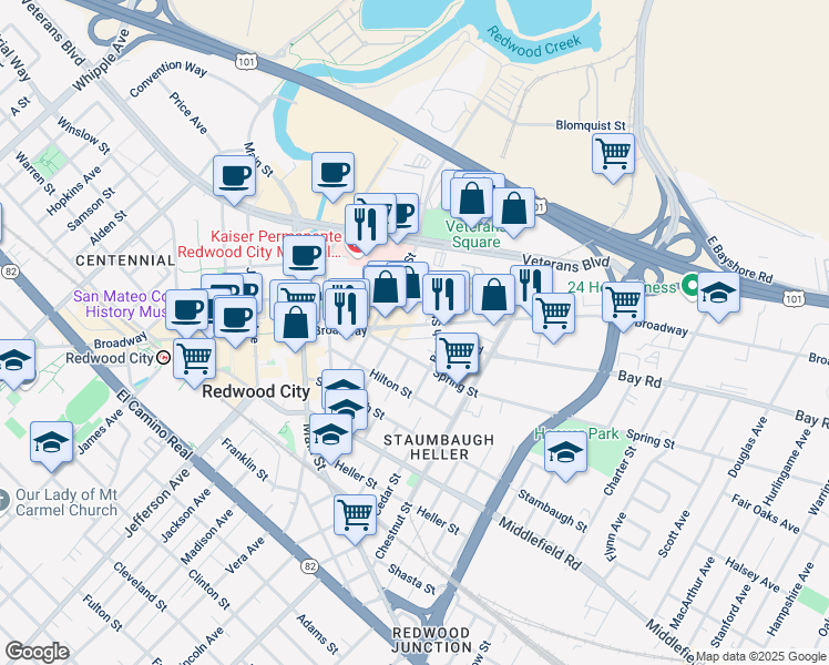 map of restaurants, bars, coffee shops, grocery stores, and more near 1707 Broadway in Redwood City