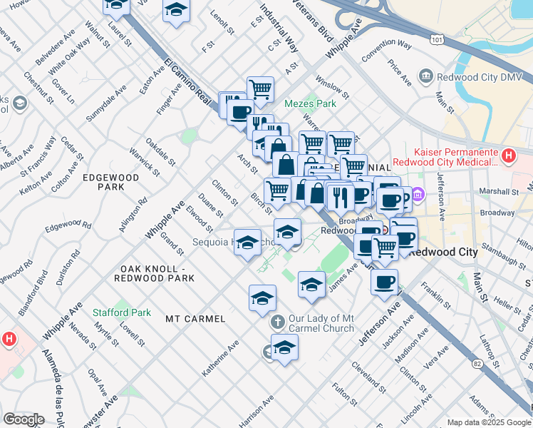 map of restaurants, bars, coffee shops, grocery stores, and more near 149 Clinton Street in Redwood City