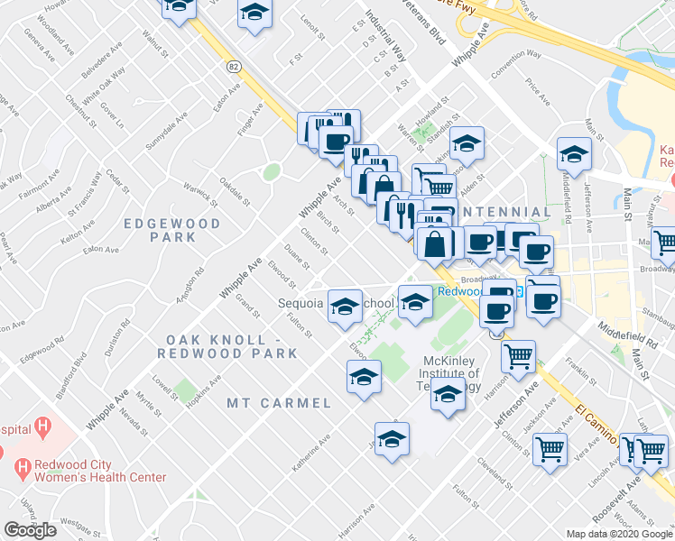 map of restaurants, bars, coffee shops, grocery stores, and more near 1376 Hopkins Avenue in Redwood City