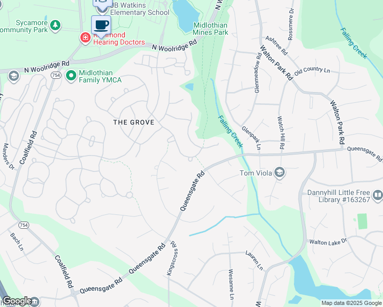 map of restaurants, bars, coffee shops, grocery stores, and more near 1131 Kingham Drive in Midlothian
