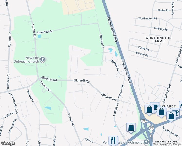 map of restaurants, bars, coffee shops, grocery stores, and more near 7112 Carriage Pines Drive in Richmond