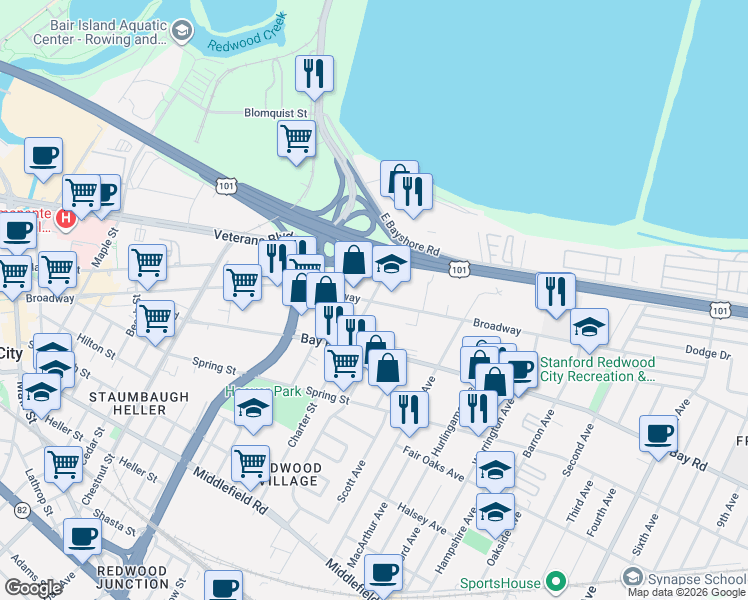 map of restaurants, bars, coffee shops, grocery stores, and more near 907 Broadway in Redwood City