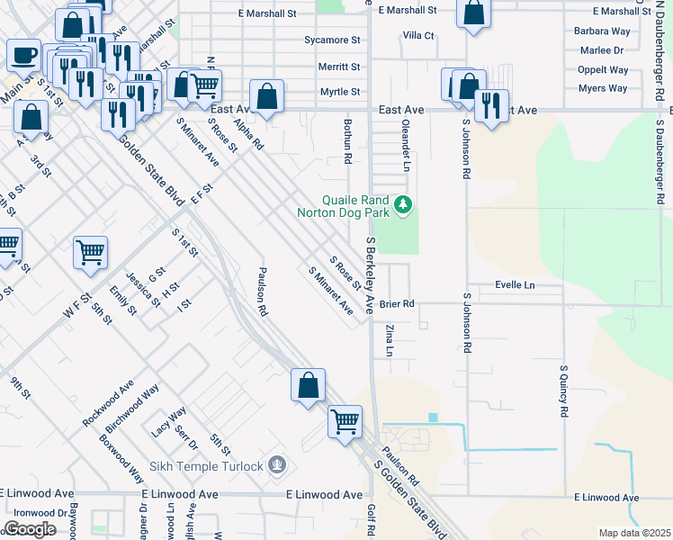 map of restaurants, bars, coffee shops, grocery stores, and more near 1156 South Rose Street in Turlock