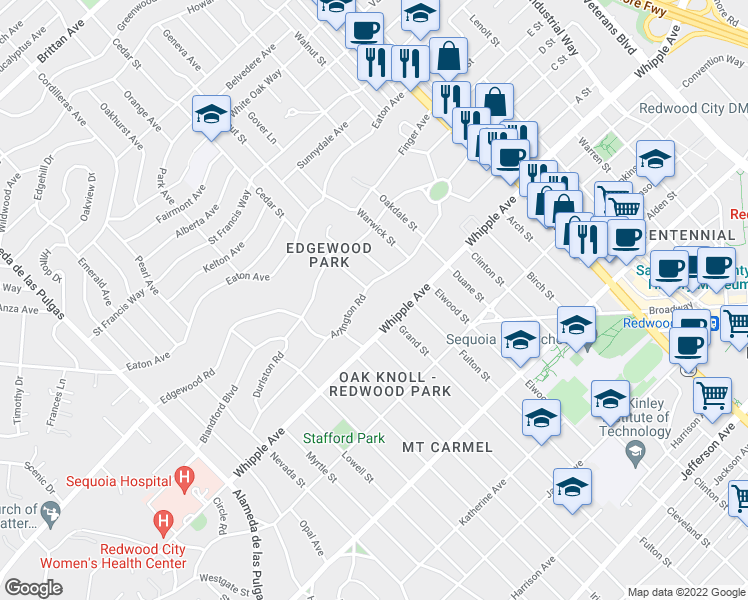 map of restaurants, bars, coffee shops, grocery stores, and more near 1616 Whipple Avenue in Redwood City