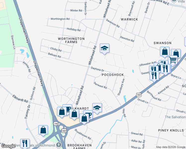 map of restaurants, bars, coffee shops, grocery stores, and more near 6308 Derwent Road in Richmond