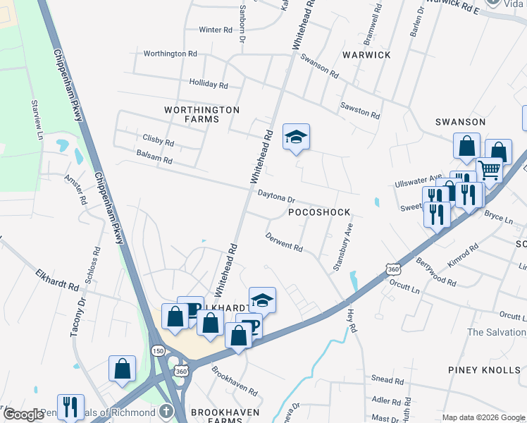 map of restaurants, bars, coffee shops, grocery stores, and more near 6308 Derwent Road in Richmond