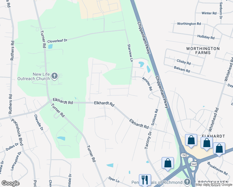 map of restaurants, bars, coffee shops, grocery stores, and more near 7112 Carriage Pines Drive in Richmond