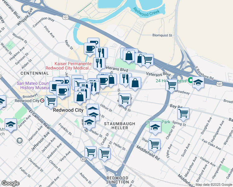 map of restaurants, bars, coffee shops, grocery stores, and more near 1707 Broadway in Redwood City