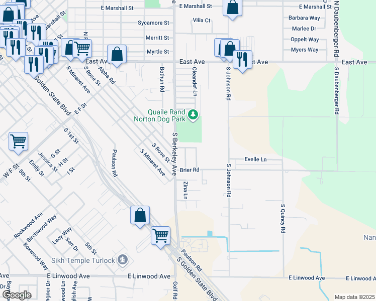map of restaurants, bars, coffee shops, grocery stores, and more near 1650 Backus Lane in Turlock