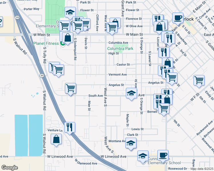 map of restaurants, bars, coffee shops, grocery stores, and more near 788 Angelus Street in Turlock