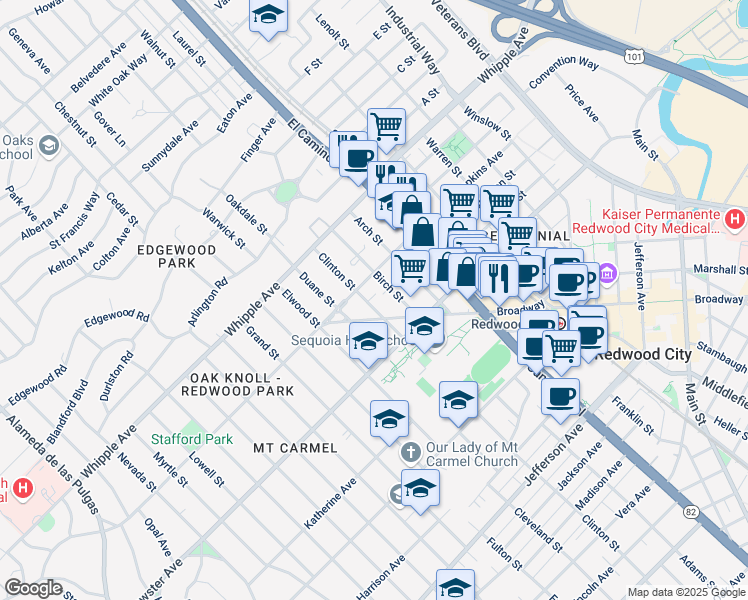 map of restaurants, bars, coffee shops, grocery stores, and more near 141 Clinton Street in Redwood City