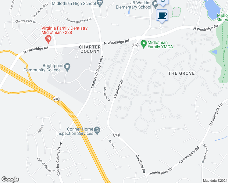 map of restaurants, bars, coffee shops, grocery stores, and more near 713 Abbey Village Drive in Midlothian