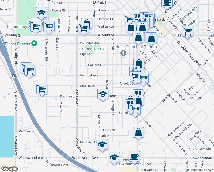 map of restaurants, bars, coffee shops, grocery stores, and more near 630 Spruce Street in Turlock