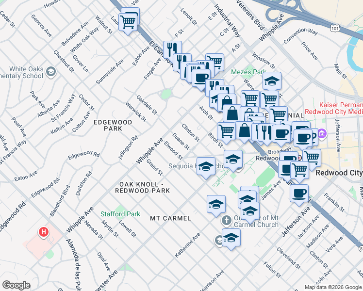 map of restaurants, bars, coffee shops, grocery stores, and more near 63 Elwood Street in Redwood City