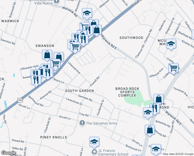 map of restaurants, bars, coffee shops, grocery stores, and more near 1935 Powell Road in Richmond