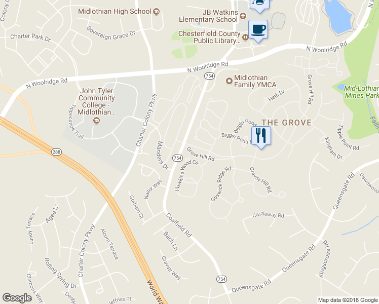 map of restaurants, bars, coffee shops, grocery stores, and more near 13899 Grove Hill Road in Midlothian