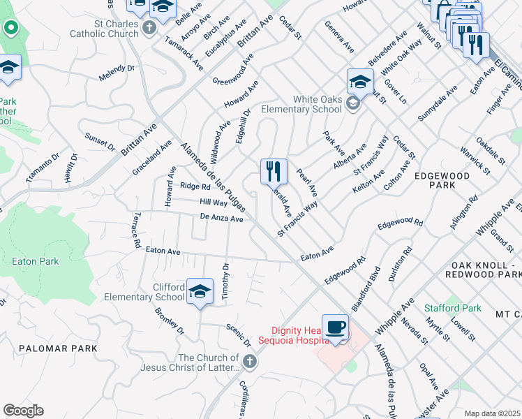 map of restaurants, bars, coffee shops, grocery stores, and more near 89 Hilltop Drive in San Carlos