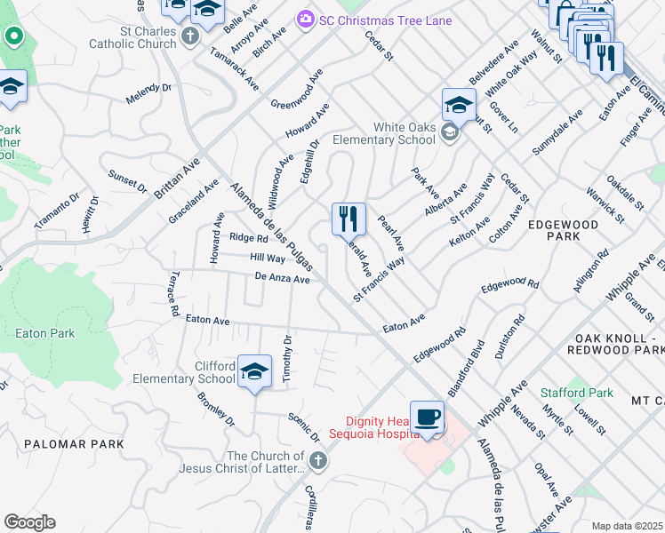 map of restaurants, bars, coffee shops, grocery stores, and more near 89 Hilltop Drive in San Carlos