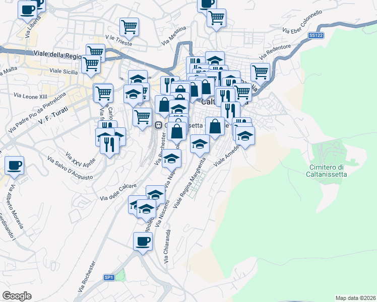 map of restaurants, bars, coffee shops, grocery stores, and more near 2-10 Via Ruggero VII in Caltanissetta