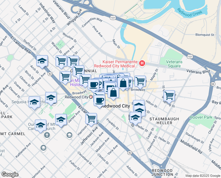 map of restaurants, bars, coffee shops, grocery stores, and more near in Redwood City