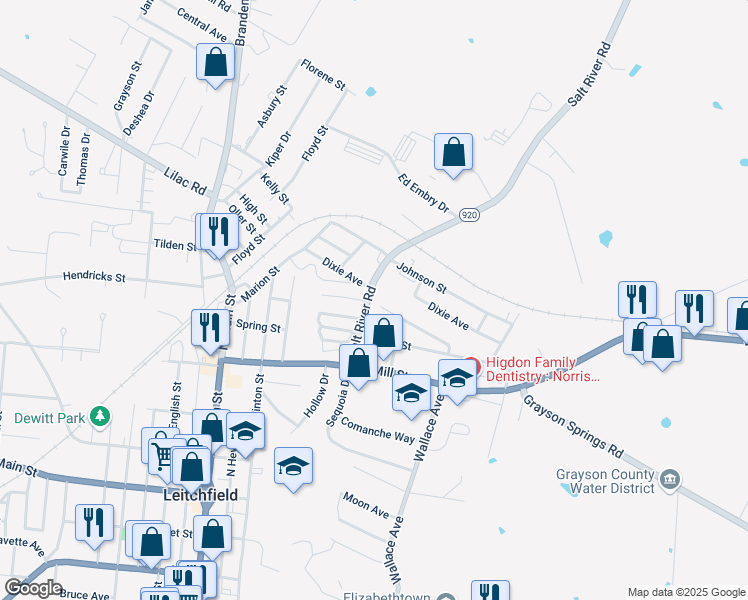 map of restaurants, bars, coffee shops, grocery stores, and more near 501 Alexander Drive in Leitchfield