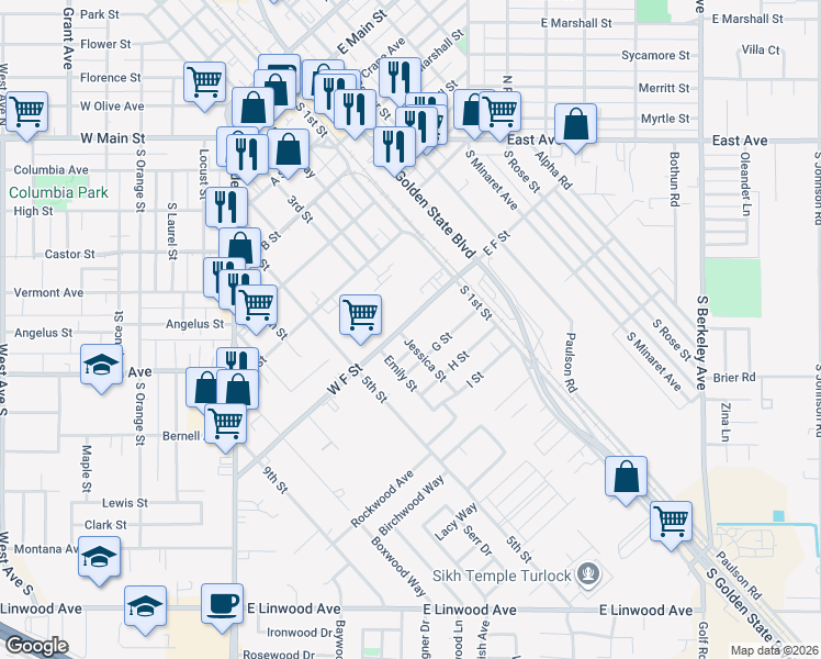 map of restaurants, bars, coffee shops, grocery stores, and more near 221 G Street in Turlock