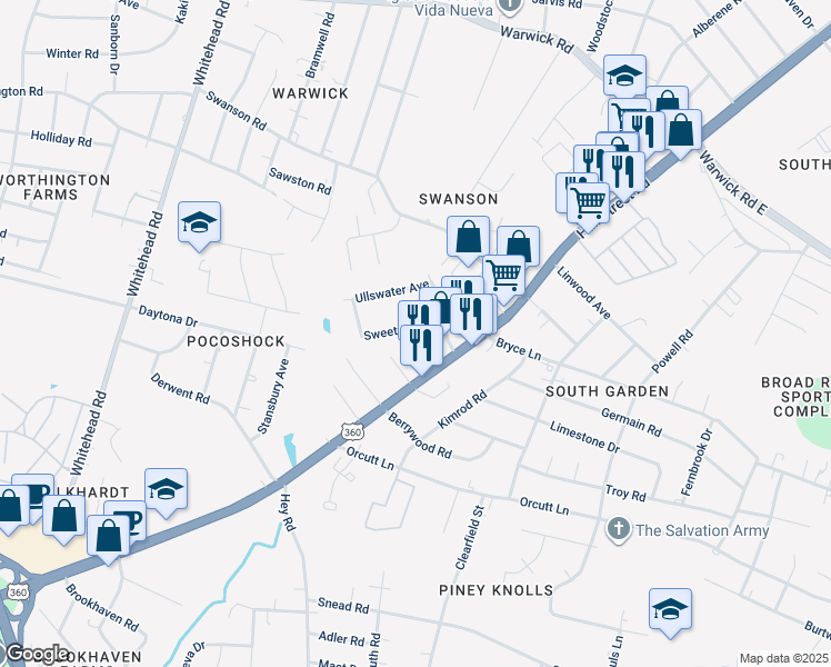 map of restaurants, bars, coffee shops, grocery stores, and more near 5727 Sweetwood Drive in Richmond