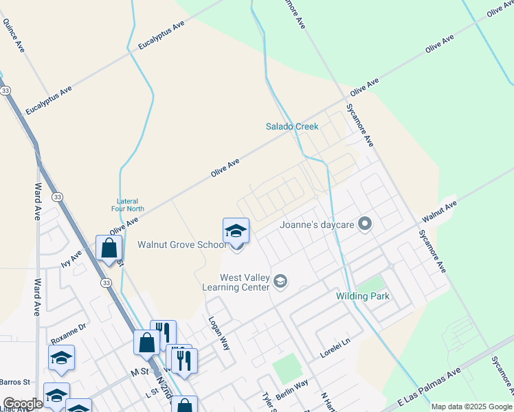 map of restaurants, bars, coffee shops, grocery stores, and more near 673 Walnut Avenue in Patterson
