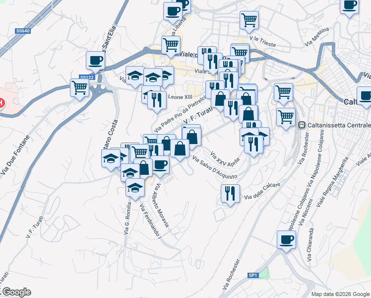 map of restaurants, bars, coffee shops, grocery stores, and more near 113 Via Aldo Moro in Caltanissetta