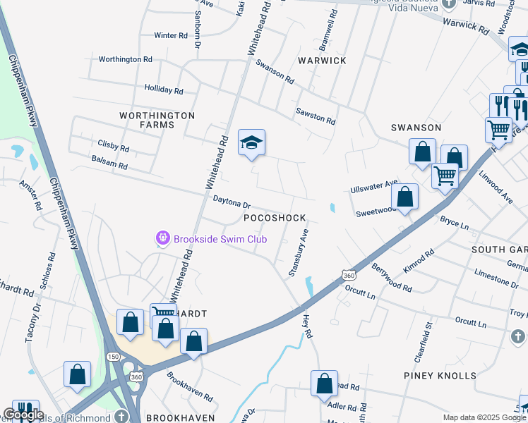 map of restaurants, bars, coffee shops, grocery stores, and more near in Richmond