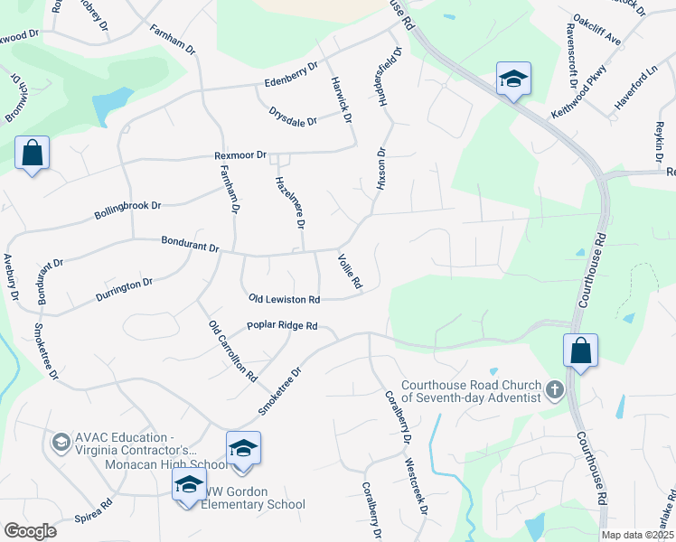 map of restaurants, bars, coffee shops, grocery stores, and more near 118 Vollie Road in Richmond