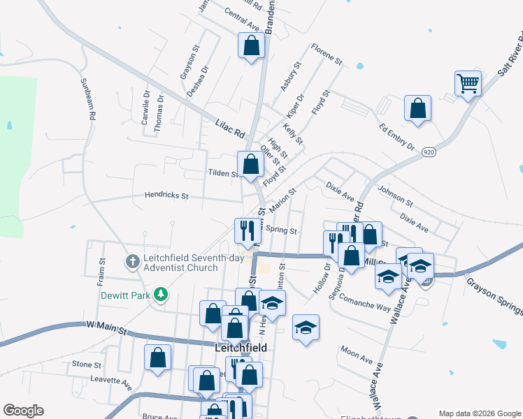map of restaurants, bars, coffee shops, grocery stores, and more near 207 Conklin Street in Leitchfield