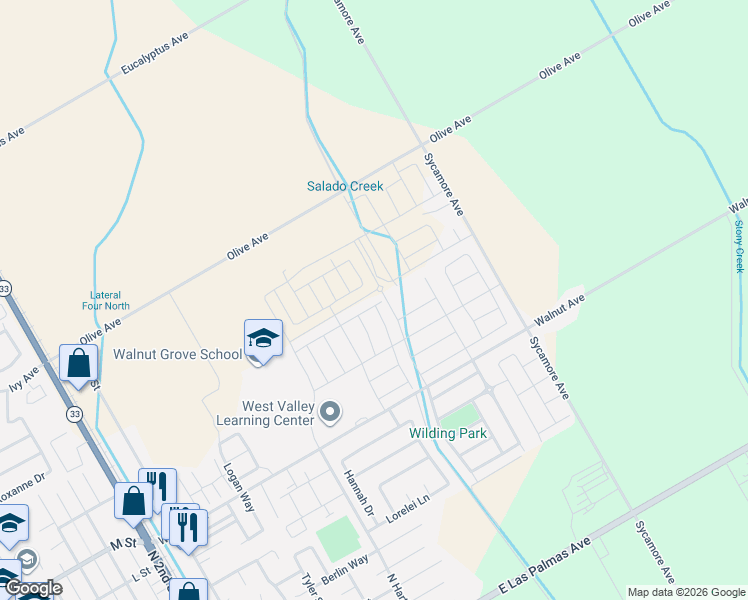 map of restaurants, bars, coffee shops, grocery stores, and more near 673 Walnut Avenue in Patterson