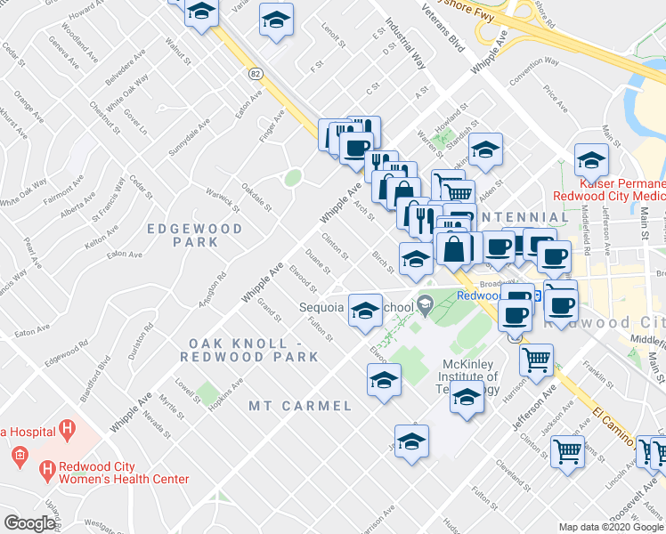map of restaurants, bars, coffee shops, grocery stores, and more near 1376 Hopkins Avenue in Redwood City